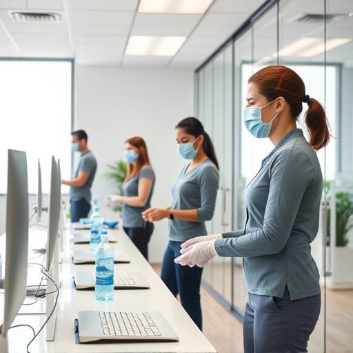 A clean and organized office space with employees practicing good hygiene habits