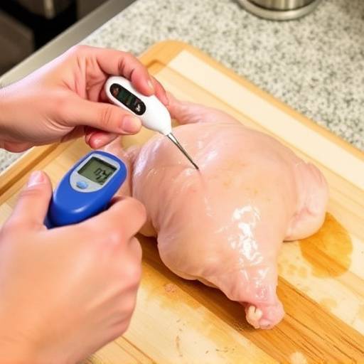 A person using a thermometer to check the internal temperature of cooked chicken on a cutting board