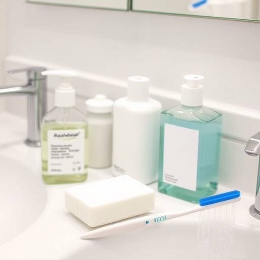 A variety of personal hygiene products arranged on a bathroom counter, including soap, shampoo, toothbrush, and deodorant