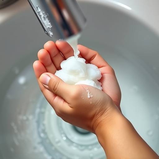 Hands washing with soap under running water, demonstrating the importance of hand hygiene.