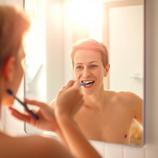 Person brushing their teeth in front of a mirror in a bathroom